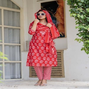 Red Printed Straight <b>Kurta</b> Set with Dupatta & 2 Side Pockets | <b>Women</b> Cotton Ethnic Wear Suit - Product Image 1