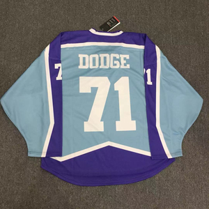 Custom Ice Hockey Jersey Dodge 71 Light Blue Purple Sublimated Half Sleeve Moisture Wicking Unisex Winter Front Logo Apparel - Product Image 4