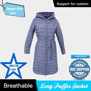 <b>Long</b> <b>Hooded</b> <b>Puffer</b> <b>Jacket</b> With Belt Zipper Closure Solid Color Winter Coat Casual Style Polyester Material Unisex Windproof - Product Image 6