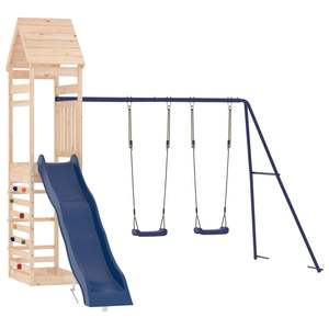 Juego de juegos infantiles de madera natural para exteriores con columpio de madera de pino maciza azul y polipropileno - Product Image 3