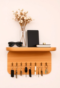Porte-clés mural en bois avec crochets, décoration rustique pour la maison, organiseur mural en bois avec étagère et crochets - Product Image 5