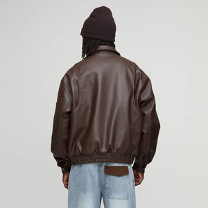 Wholesale <b>Men's</b> Brown PU Leather <b>Bomber</b> <b>Jacket</b> Turn-down Collar Zipper Closure Casual Autumn Wear Regular Fit Windproof Solid - Product Image 2