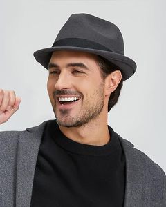 Chapeau Fedora unisexe en laine gris avec bande de ruban noir, style formel pour adultes, printemps automne, 56-58 cm - Product Image 5
