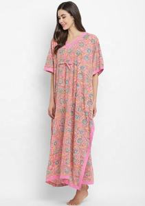 Français Rose Rose Main Bloc Floral Imprimé Tie-Up Taille 100% Coton Caftan Belle Robe De Nuit Pour Jolies Dames - Product Image 3