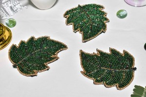 Handmade Beaded Leaf <b>Coasters</b> Set Of 3 Green <b>Gold</b> Trim Classic Bar Accessories Reusable Cocktail Trays - Product Image 2