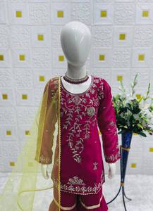 Kids Designer Pink Sharara Set with Heavy Embroidered <b>Kurti</b> – Girls Ethnic Wedding Party Wear Outfit - Product Image 3