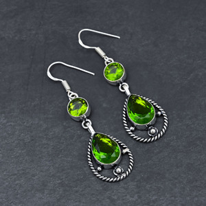 Customised Lab-Created <b>Green</b> Peridot Gemstone 1.90" Inch Pear Bezel Setting Sterling Silver Plated Luxury Wedding <b>Earrings</b> - Product Image 4