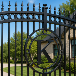 Elegante puerta de entrada de metal negro con remates en forma de lanza, pilares de piedra con monograma circular y diseño de entrada residencial de lujo. - Product Image 3