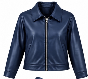 Chaqueta de cuero PU azul marino para mujer, con cremallera, cuello vuelto, estilo casual, tipo biker. - Product Image 1