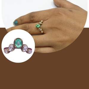 แหวนเงินแท้ 925 ชุบทอง ประดับมรกตทรงโพลกี้ สำหรับทุกเพศทุกวัย สั่งซื้อขั้นต่ำน้อย สไตล์โบราณ - Product Image 3