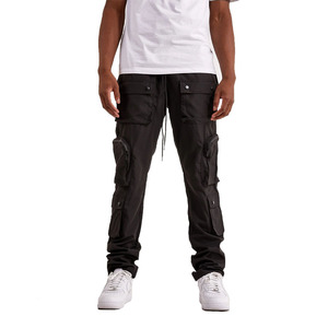 <b>Men's</b> <b>Black</b> Canvas <b>Cargo</b> Jogger <b>Pants</b> Multiple Pockets Button Fly Closure Lightweight Waterproof Breathable Elastic Fit - Product Image 1