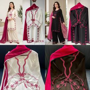 Conjunto de Kurta y Palazzo Maxi de Rayón Bordado con Manga 3/4 para Mujer, con Dupatta, para Fiesta, Boda, Festival, Cintura Natural, Cuello en V - Product Image 5