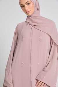 Elegant Dusty Pink Embroidered <b>Abaya</b> With Matching Hijab For Women Modest Floor Length Long Sleeve Viscose Dress - Product Image 3
