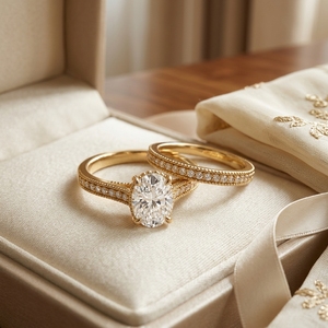 Ensemble de bagues de mariage classiques vintage avec diamant de laboratoire taille ovale, bague de fiançailles solitaire et alliance assortie en or jaune pavé milgrain - Product Image 2