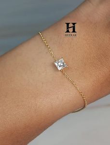 14K Gold Minimalist Princess Cut Diamond Solitaire <b>Bracelet</b> for Women S925 Sterling <b>Silver</b> Dainty Square Stone Chain <b>Bracelet</b> - Product Image 2