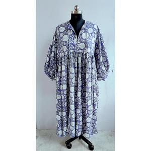 Bohemian Purple <b>White</b> Floral Block Print Cotton Midi Dress With Puff Sleeve Loose Fit Tie Neck Summer Dress For Women - Product Image 1