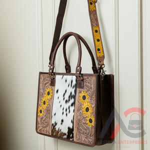 Bolso de mano de piel de vaca hecho a mano con pelo oculto, bolso de mano de cuero con estilo para mujer, bolso de cuero con elegancia occidental de girasol - Product Image 4