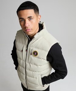 Men's Beige <b>Puffer</b> <b>Vest</b> With Badge Zipper Front Windproof Winter Casual <b>Jacket</b> Thick Polyester Wadding Stand Collar - Product Image 5