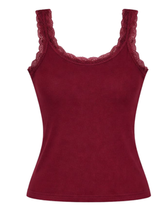 Camisola de Algodón Personalizada para Mujer, Color Borgoña, con Ribete de Encaje, Corte Ajustado, Sin Mangas, Estilo Casual de Verano, Suave, Transpirable y Básico - Product Image 1