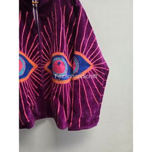 Purple <b>Velvet</b> Embroidered <b>Jacket</b> With Geometric Eye Pattern Full Sleeve Stand Collar Autumn Wear Hand Embroidery Design - Product Image 3