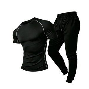 <b>Men</b> <b>Summer</b> Athletic Tracksuit Set Breathable Quick Dry Short Sleeve Training Shirt Jogger <b>Pants</b> Sportswear Gym Workout Running - Product Image 1