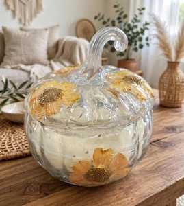 Pot à bonbons en verre transparent en forme de citrouille avec couvercle, récipient de rangement alimentaire décoratif floral pour la maison, la cuisine et la décoration d'Halloween - Product Image 1