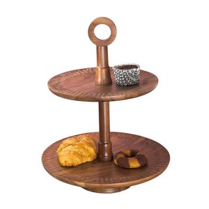 Soporte de madera artesanal de 2 niveles para pasteles, bandeja de servir escalonada de madera de acacia natural con asa de anillo para cupcakes, postres y frutas. - Product Image 1
