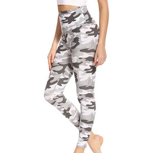 High Waisted Camo Printed Women's <b>Leggings</b> Full Length Stretch Fitness Workout Pants Gray White <b>Pattern</b> Knitted Fabric - Product Image 2