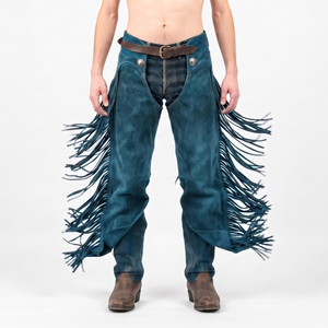 Pantalones de montar de cuero genuino para hombre, estilo western, de talle alto, ajuste regular, con flecos y cierre de hebilla - Product Image 2