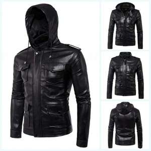 Men's PU Leather Moto Jacket Stand Collar Solid Color Slim Fit Regular Length Autumn Wear - Product Image 3