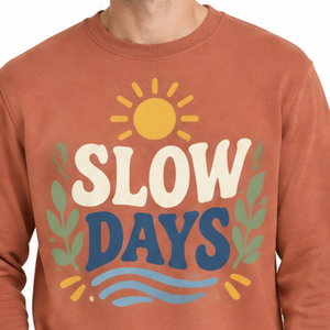 OEM Custom Rust Orange <b>Fleece</b> <b>Sweatshirt</b> Vintage Nature Sun Wave Screen Print Slow Days Slogan Casual <b>Sweatshirt</b> - Product Image 3