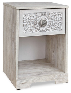 Carved Wood Nightstand <b>End</b> <b>Table</b> Modern Bedroom Side Cabinet Distressed White Accent Furniture - Product Image 3