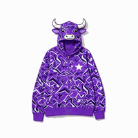 Sweat à capuche zippé intégral pour homme, style streetwear japonais Hip Hop, motif masque de taureau, 100% coton, polaire épaisse, imprimé camouflage abstrait étoilé rouge, coupe oversize