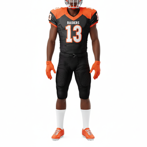 ชุดยูนิฟอร์มอเมริกันฟุตบอลสีดำและสีส้มแบบขายส่งสั่งทำพิเศษ แห้งเร็ว ระบายอากาศได้ดี และน้ำหนักเบา พิมพ์ลายแบบซับลิเมชั่น - Product Image 1