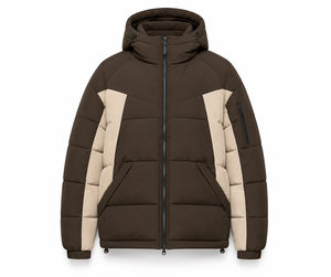 Wholesale Color <b>Block</b> Puffer Jacket Modern Winter Wear Insulated Hood Custom <b>Rubber</b> Patch Service Front Zipper Elasticated Cuffs - Product Image 1