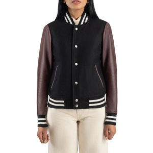 Unisex Varsity Jacket Black PU Leather Sleeve Stripes Turn-<b>down</b> Collar Regular Fit Casual Autumn Wear - Product Image 4