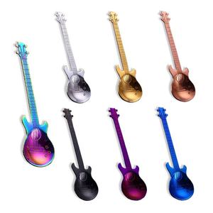 Creative Guitar Shape Stainless Steel Colorful Tea <b>Coffee</b> Ice Cream <b>Spoon</b> Musical Design Dessert <b>Spoon</b> Set - Product Image 1