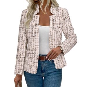 Blazer pour femme en tissu tweed à carreaux crème pastel personnalisé, manches longues, mélange de polyester de haute qualité, vêtements d'extérieur élégants pour l'automne - Product Image 1