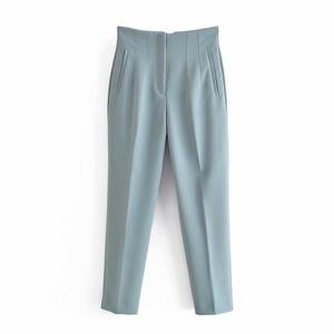 Pantalon crayon taille haute uni pour femme, formel, longueur cheville, en tissu peigné, avec poches et fermeture éclair, style automne - Product Image 4