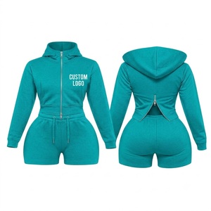 Ensemble deux pièces court à capuche pour femme, couleur vert-bleu, avec boutons, logo personnalisé imprimé, coupe ajustée, style sportif, vêtements décontractés, printemps-été - Product Image 1