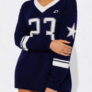 เสื้อเจอร์ซีย์กีฬาคอวีทรงโอเวอร์ไซส์ พรีเมียม ผ้าถัก ดีไซน์ตัวเลข สตรีทแวร์ แขนยาว แบบสวม ยูนิเซ็กส์ ผ้าตาข่าย ลายอเมริกันฟุตบอล - Product Image 2