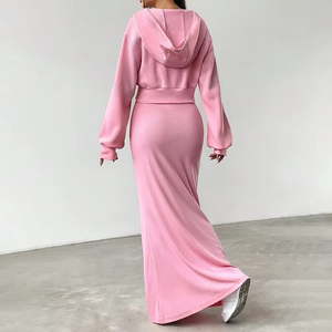 Robe longue à capuche zippée rose pour femme, ensemble deux pièces décontracté en coton et élasthanne à manches longues de couleur unie, style printemps - Product Image 4