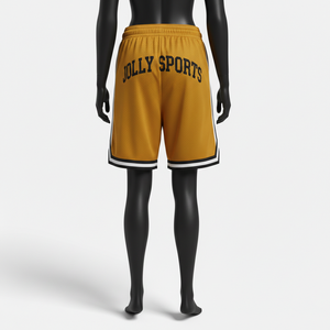 Short de basketball en maille polyester premium 180 GSM jaune moutarde avec patch chenille et bordure rayée tissée - Product Image 2