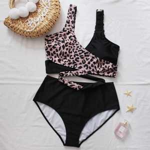 Women's Plus Size Bikini Set <b>Crossed</b> Halter <b>Top</b> Leopard Print High Waist Bottom Contrast Binding Spandex Polyester Stretch - Product Image 2