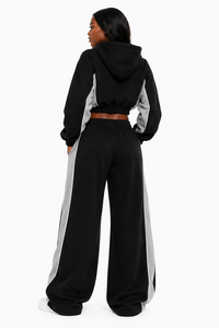 Survêtement en molleton de coton épais personnalisé OEM, comprenant un sweat à capuche court zippé noir et gris contrastant et un pantalon de survêtement oversize à jambes larges - Product Image 2