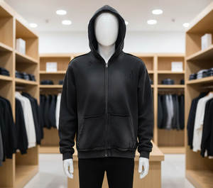 Sudadera con capucha extragrande desgastada con cremallera completa, estilo streetwear, de tejido grueso y corte holgado, con lavado vintage, estilo urbano y hip hop - Product Image 3