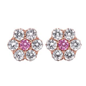Elegant flower shaped <b>stud</b> earrings pink round center stone surrounded by brilliant lab grown diamonds secure screw back closure - Product Image 1