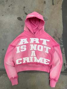 Sudadera con Capucha Rosa Corta Personalizada con Bordado, de Forro Polar de Poliéster/Algodón, con Borde sin Rematar y Acabado Desgastado, Ajuste Regular, Estilo Urbano, OEM ODM para Hombre - Product Image 1