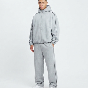 OEM Manufacturer Custom logo Fleece <b>Oversized</b> Zip Hoodie <b>Sweatpants</b> With Piping Wholesale High Quality Loose Fit Tracksuit Set - Product Image 4