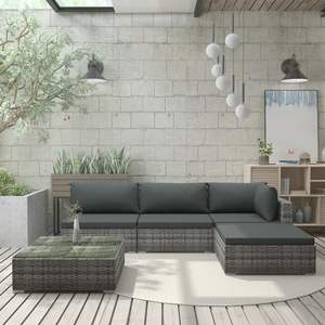 Ensemble de salon de patio gris en rotin poly 5 pièces avec coussins pour les loisirs de jardin - Product Image 1